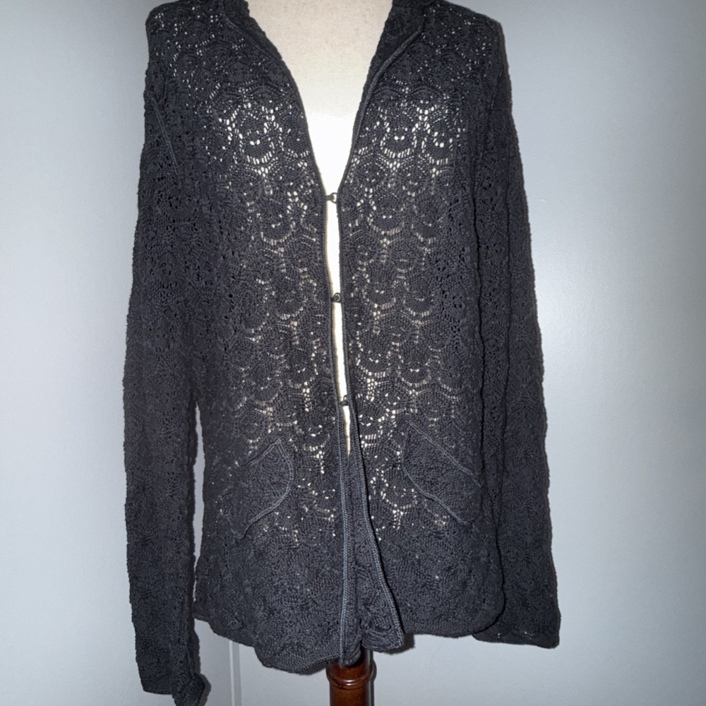 TALBOTS XL BLACK Crochet cottage romantic Cardigan Sweater whimsygoth EUC - Picture 3 of 11
